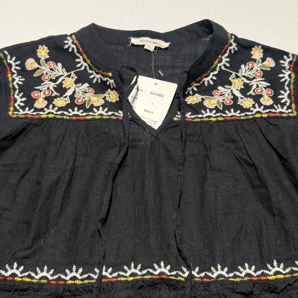 Rebellion Again Peasant Blouse Black Embroidered Cotton Boho Top Womens L NEW - Picture 3 of 11